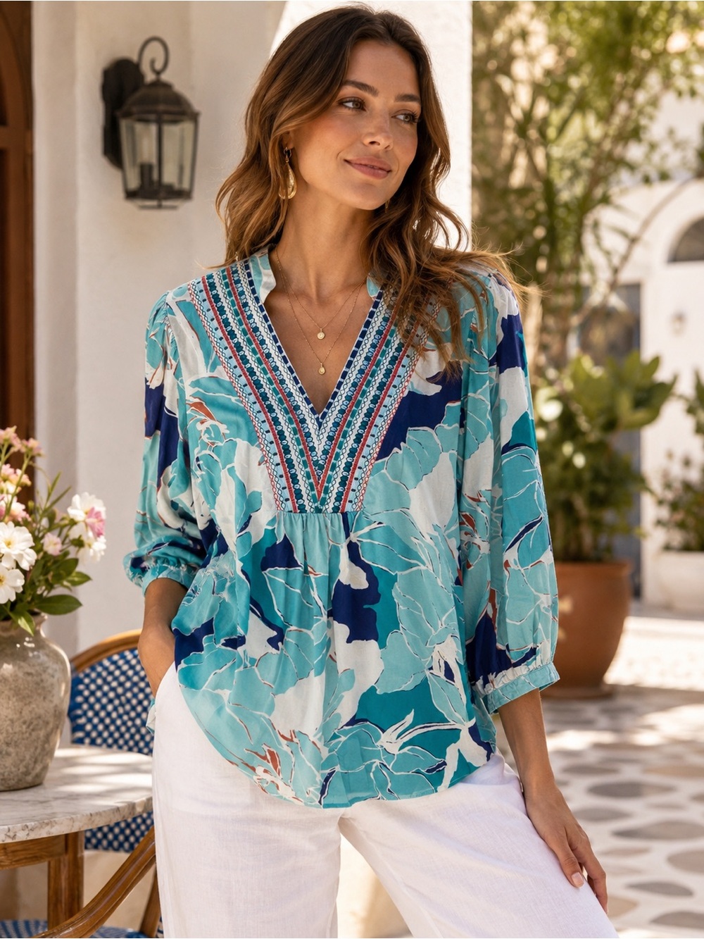 Figueroa & Flower Embroidered Floral Linen Blend Boho Blouse | XL | Rayon/Linen